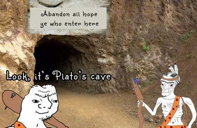 Wojak characters gawk at a real cave opening, layered with Dante's Inferno epigraph and a wry Plato's cave reference—philosophy nerd humor.