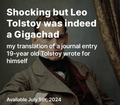 A portrait from a period film or adaptation of a young man in 19th-century dress, used to announce the publication of a translation of a previously unknown Tolstoy journal entry written when he was nineteen.