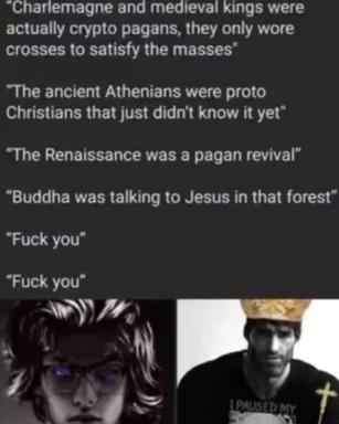 Two-panel reaction meme: list of outlandish historical theories met with deadpan dismissal and exasperated reaction faces.