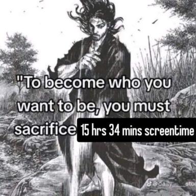 Romantic period engraving of an intense figure with wild hair and period dress, overlaid with ironic text deflating motivational wisdom with a confession about excessive screentime.