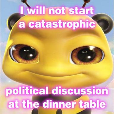 A placid 3D frog vows not to start heated arguments at family dinner, expressed with deadpan resignation and an absurdly peaceful expression.