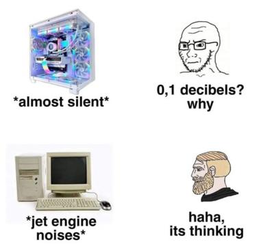 Gaming PC build absurdity: modern RGB rigs promise silence but roar like jets, while ancient beige computers were actually louder yet somehow endearing.