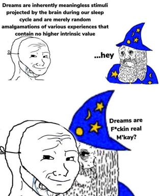 Two-panel meme: rationalist debunks dreams, wizard concedes — meaning transcends neuroscience.