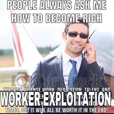 Stock-photo "rich guy" meme exposing the gap between startup mythology (merit and hard work) and reality (worker exploitation) as the actual mechanism of wealth accumulation.