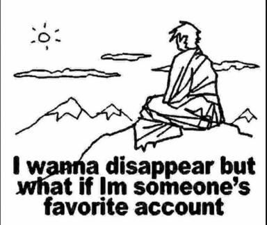 A solitary, robed figure sits in a desert holding a bird, gazing at distant mountains. The melancholic line drawing pairs a classical image of hermitage with anxious modern caption.