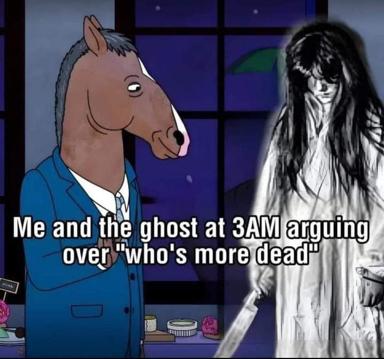 BoJack Horseman in a blue suit faces a grayscale ghost in a surreal argument about existential states, a deadpan joke about 3AM metaphysical debates.