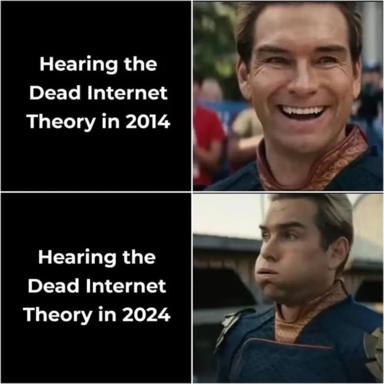 Two-panel reaction meme comparing naive optimism (2014) about internet culture theory to contemporary anxiety (2024) — same figure, contrasting emotional states separated by a decade.