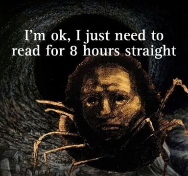 Reading endurance visualized as medieval suffering—eight-hour marathons repackaged as a mode of being.