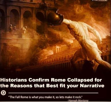Classical ruins engulfed in golden-orange flames and smoke, with a robed figure hurling a urn downward—a satirical remix on historical revisionism and how scholars rewrite the past to match contemporary ideology.