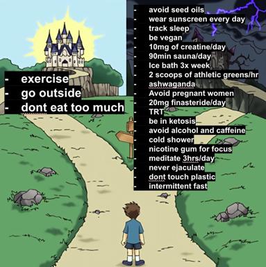 A figure at a crossroads before a castle, faced with a branching checklist of health and self-optimization tips that escalate from everyday wellness to extreme biohacking protocols.