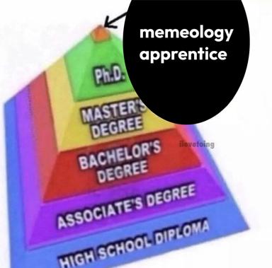 A pyramid hierarchy diagram showing education levels from high school to PhD, with a small creature atop it labeled "memeology apprentice." Educational achievement as a stack of credentials.