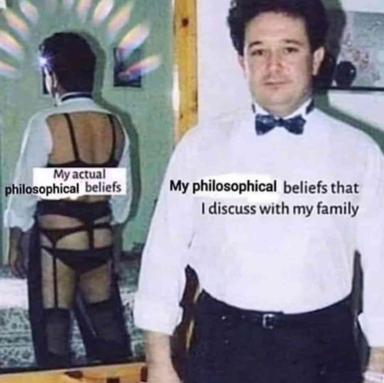 A two-panel contrast between authentic private philosophy (unguarded self) and the performed, formal version shared with family (curated self).