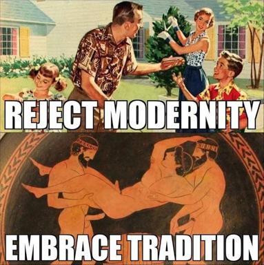 Two-panel meme: 1950s nuclear-family suburb (reject) vs. classical Greek wrestlers (embrace). Satirizes suburban conformity through homoerotic classical contrast.