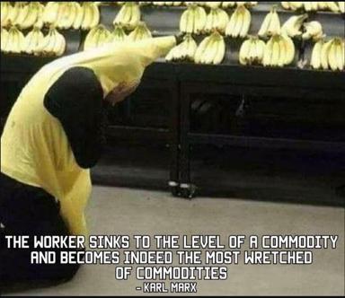 Factory worker in donkey costume bends beside pastry conveyor belt while Marx quote on surplus value and commodity degradation plays straight.