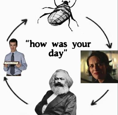 Circular greeting meme: office worker asks Marx "how was your day," which cycles through a woman and back—a satirical comment on the gap between polite small talk and systemic unease, anchored by a bedbug.