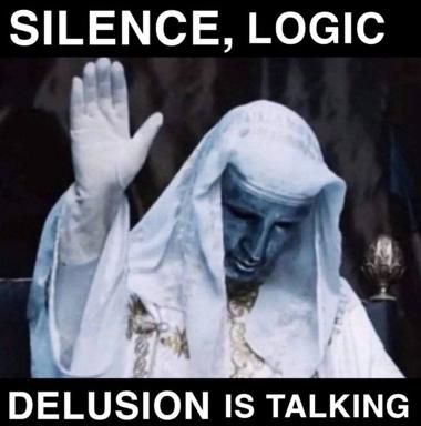 A shrouded figure with raised hand: silence and refusal pitted against the noise of reason. On the epistemology of certainty.