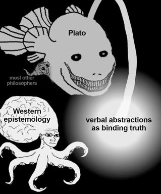 Surrealist meme contrasting Plato's abstract philosophy (rendered as a grotesque axolotl creature) with Western epistemology and the emptiness of verbal abstraction binding truth.