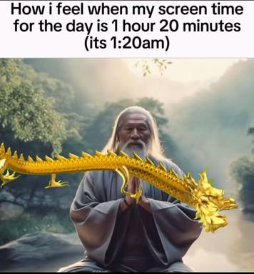 Photorealistic sage holding an absurdly massive golden dragon as a symbol of pride over modest daily screen-time reductions.