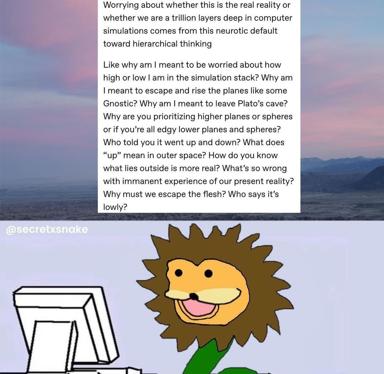 Existential dread meets oblivious sunflower cheerfulness in a two-panel meme interrogating simulation theory and the hierarchy of reality.