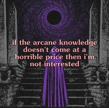 A robed, faceless figure stands in a Gothic temple beneath a glowing ethereal eye, text overlay about arcane knowledge as a commodity—darkly mystical and digitally rendered.