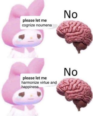 Pink kawaii bunny begs brain to cognize noumena and harmonize virtue—brain says no twice. Absurdist Kantian despair as cute-character meme.