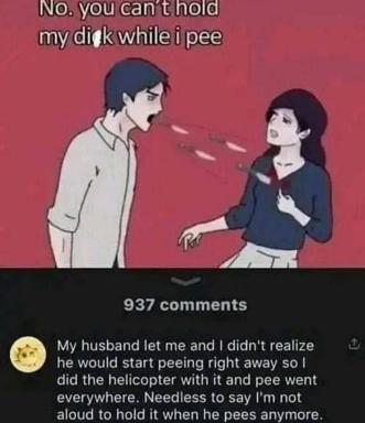Reaction meme juxtaposing graphic sexual instruction with a mundane marital Reddit story about accidental helicopter-window peeing.