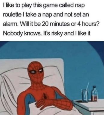 Spider-Man in bed contemplating the existential uncertainty of taking an unalarmed nap—a relatable joke about adult risk-taking and the illusion of control.