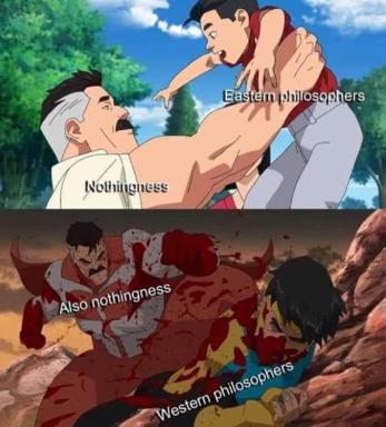 Anime meme contrasting Eastern and Western philosophy's relationship to nothingness—one graceful, one catastrophic.