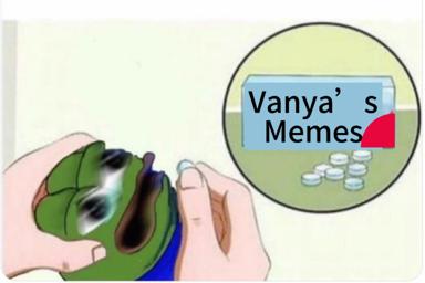 A green frog character proudly holds up a document labeled "Vanya's Memes," flanked by scattered coins in a speech bubble—a self-aware, unapologetic reveal of the creator's meme archive.