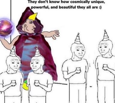 A wizard in purple robes, aglow with cosmic light, stands before unimpressed party-hatted party-goers who don't know how special they are.