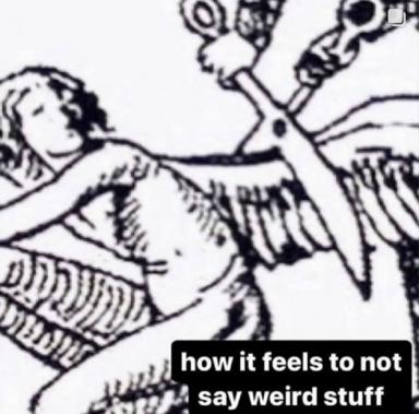 Classical relief figure in ecstatic pose, holding strange objects — the internal experience of restraint in social conversation.