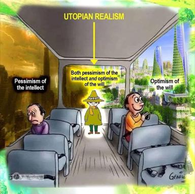 A philosophical meme depicting utopian realism: a bus interior shows pessimistic and optimistic passengers facing opposite landscapes, united by a central figure embodying both mindsets.