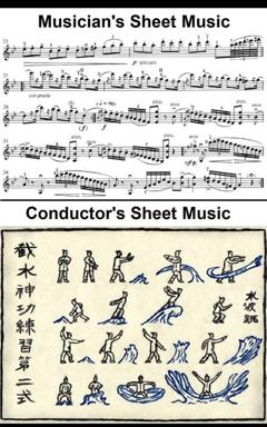 Sheet music vs. conductor's guide: ornate musical notation above, stick-figure choreography below. What conductors actually see.