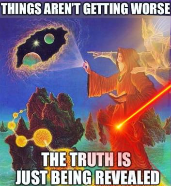 Mystical meme reframing crisis as revelation: "Things aren't getting worse—the truth is just being revealed," set against New Age cosmic imagery.