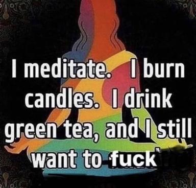 Meditation silhouette with rainbow aura and a sardonic wellness-culture punchline; text overlay reads a litany of self-care practices culminating in an obscene non-sequitur.