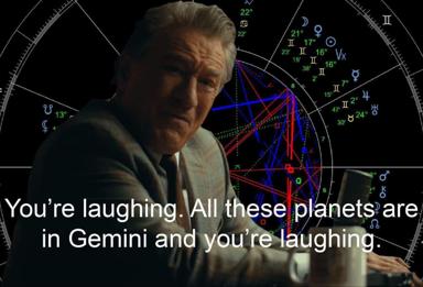 A skeptical character looks on as an elaborate natal birth chart fills the frame—a wry dig at the arbitrary conviction astrology carries.