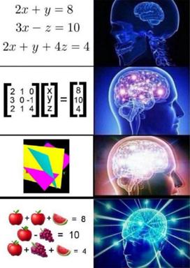 Math difficulty ascending: algebraic equations to matrices to fruit riddles, each paired with an increasingly intense digital brain, suggesting proportional cognitive overload.