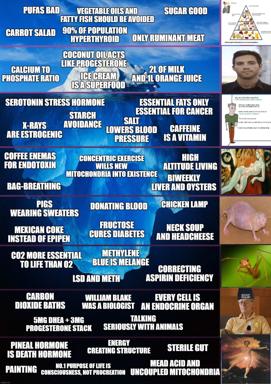 Satirical grid meme mocking fringe health gurus and contrarian wellness pseudoscience, presented as absurd dietary and lifestyle claims overlaid on a blue sky background.