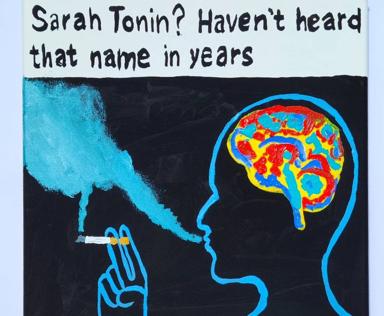 Pop-culture amnesia meme: cigarette-smoking silhouette with heat-mapped brain and Italy profile, captioned "Sarah Tonin? Haven't heard that name in years"—a pun on serotonin depletion via nicotine.
