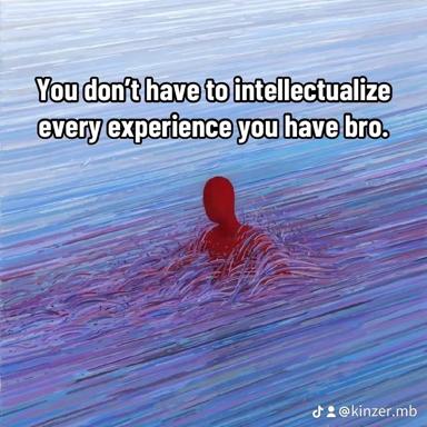 Red figure emerging from glitchy blue-purple seascape with philosophical advice: don't intellectualize everything, bro.