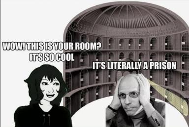 A meme contrasting naive architectural admiration with the harsh reality of looking at a prison interior; left reaction vs. right deflation.