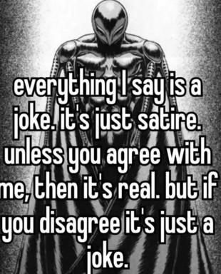 Armored figure delivering a contradictory speech on satire and debate tactics — a meta-commentary on rhetorical evasion.