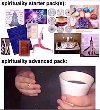 A two-panel meme contrasting elaborate spiritual starter-pack aesthetics (crystals, tarot, chakras) with the bare-bones reality of spiritual advancement: cigarette and coffee.