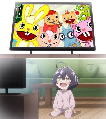 Discovering Happy Tree Friends for the first time: anime girl's face of horror at the TV screen's cheerful, innocent-looking cartoon mascots.