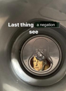 A washing machine dial with a classical portrait visible inside the inner ring, overlaid with meme text about dialectics and negation.