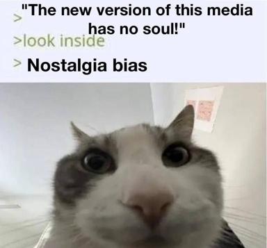 A close-up of a wide-eyed white cat with an expression of shock, annotated with skepticism about new media and nostalgia bias.