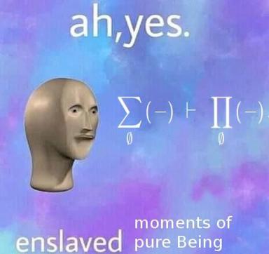 Beige abstract male head rendered in 3D against a purple-blue gradient, captioned with philosophical absurdism and pseudo-mathematical notation.