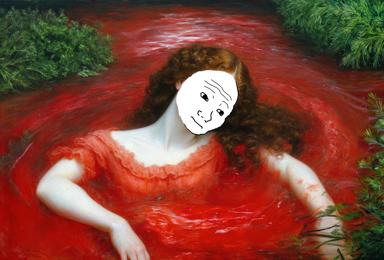 A Renaissance drowning scene photoshopped with a vacant cartoon face — classical tragedy meets "lost in the sauce" internet nihilism.