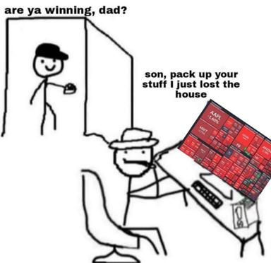 Stick-figure dad loses house to stock market obsession while son asks if he's "winning"—a dark-humour commentary on retail investing failure and misplaced priorities.