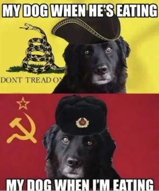 Political ideology meme: a black dog adopts aggressive territorial postures depending on who's eating — Gadsden flag libertarian when the dog is hungry, Soviet commissar when the owner eats.